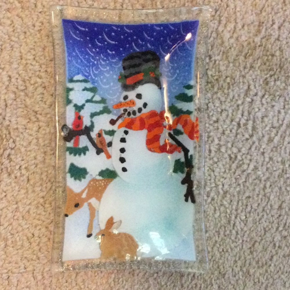 Peggy Karr Snowman Christmas Fused Art Glass Plate Tray Deer Cardinals Bunny